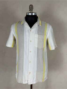 Zara Men’s Medium Striped Camp Collar Shirt White Beige Yellow Resort